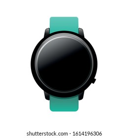 round black smart watch with mint strap isolated on white, vector stock illustration