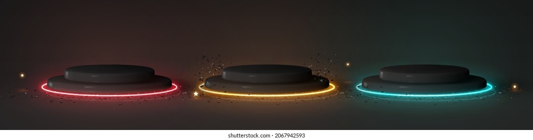 Round black stepped studio podium with led backlight neon glowing light ring. Realistic set of 3d elements. Vector illustration