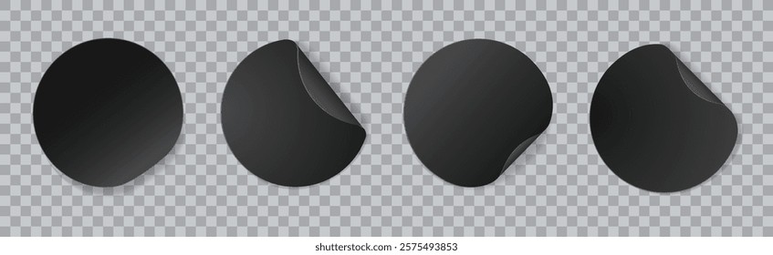 Round black stickers. Realistic paper circle stickers with folded edge black color. Blank price tag, discount sticky badge 3D mockup. Vector isolated template set.