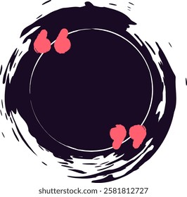 Round black vector frame adorned with pink quotes and grunge brushstrokes, creating a stylish border around empty space ideal for testimonials, reviews, text, or quotes