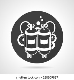 Round black vector icon with white contour aqualung. Depth breathing system with two cylinders, hoses and barometer. Web design element for business.