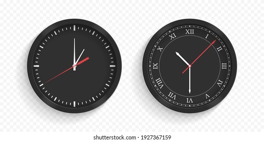 Round black wall office clock, transparent background, vector eps10 illustration