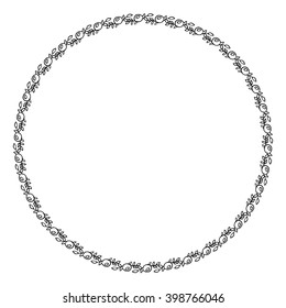 Round black and white border frame with doodle flowers. Can be used for decoration and design photo frame, menu, card, scrapbook, album. Vector Illustration