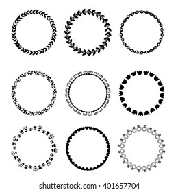 Round black and white border frame with doodle flowers. Can be used for decoration and design photo frame, menu, card, scrapbook, album. Vector Illustration