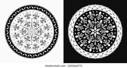 Round black and white carnival Mardi Gras pattern like mandala. Fleur de lis symbol, streamer, ribbons and beads. For prints, clothing, t shirt, plate, surface design. Vintage style