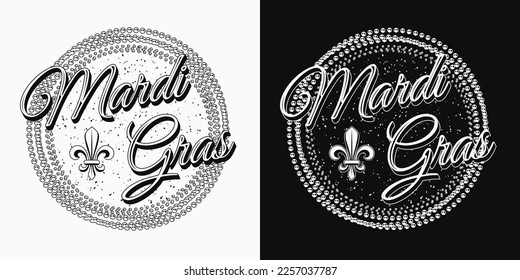 Round black and white carnival Mardi Gras pattern with intertwined strands of beads, fleur de lis symbol, text. For prints, clothing, plate, apparel, t shirt, surface design