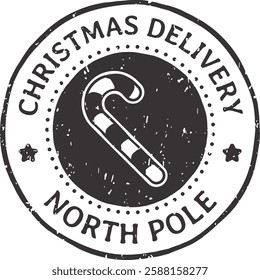 Round black and white Christmas delivery stamp coming from North Pole with candy cane inside and white stars around, useful for Christmas advertising