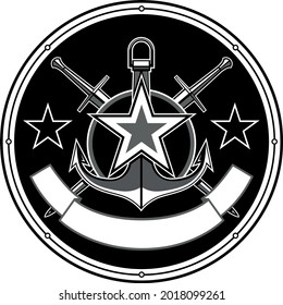 el escudo de armas blanco y negro redondo con ancla, estrella, alas, espadas y cinta