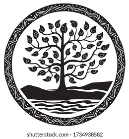 Round black and white decorative graphics. Tree by the river in a round oriental ornament