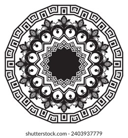 Round black and white floral greek meanders mandala pattern. Ornamental circle mandala with ancient greece style meanders frame. Decorative background. Vector ornaments. Element. Isolated on white.