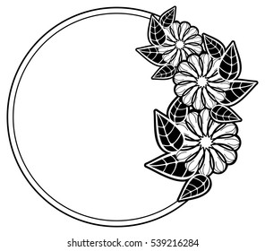 Round black and white frame with abstract decorative flowers. Copy space. Vector clip art.