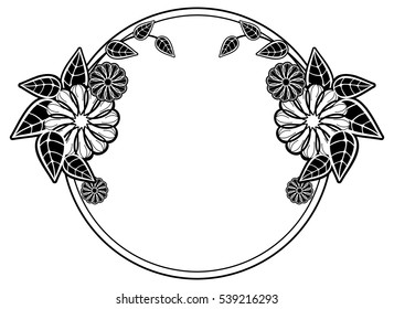 Round black and white frame with abstract decorative flowers. Copy space. Vector clip art.