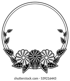 Round black and white frame with abstract decorative flowers. Copy space. Vector clip art.