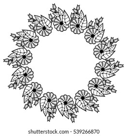 Round black and white frame with abstract decorative flowers. Copy space. Vector clip art.