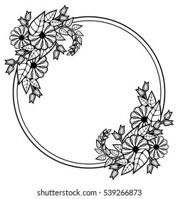 Round black and white frame with abstract decorative flowers. Copy space. Vector clip art.