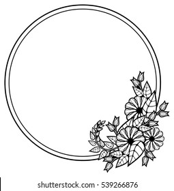 Round black and white frame with abstract decorative flowers. Copy space. Vector clip art.
