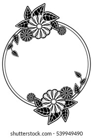 Round black and white frame with abstract decorative flowers. Copy space. Vector clip art.