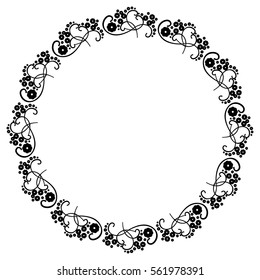 Round black and white frame with abstract decorative flowers. Copy space. Vector clip art.