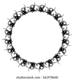 Round black and white frame with abstract decorative flowers. Copy space. Vector clip art.
