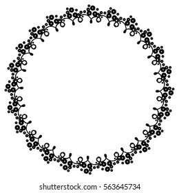 Round black and white frame with abstract decorative flowers. Copy space. Vector clip art.