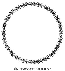 Round black and white frame with abstract decorative flowers. Copy space. Vector clip art.