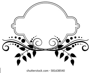 Round black and white frame with abstract decorative flowers. Copy space. Vector clip art.