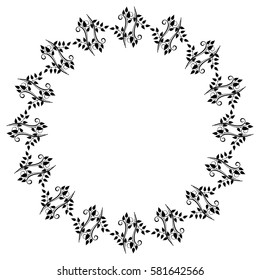 Round black and white frame with abstract decorative flowers. Copy space. Vector clip art.