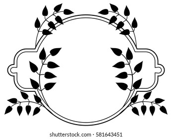 Round black and white frame with abstract decorative flowers. Copy space. Vector clip art.