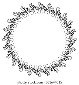 Round black and white frame with abstract decorative flowers. Copy space. Vector clip art.
