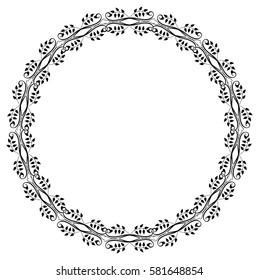 Round black and white frame with abstract decorative flowers. Copy space. Vector clip art.