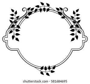Round black and white frame with abstract decorative flowers. Copy space. Vector clip art.