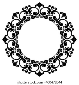 Round black and white frame with curls Baroque. Decorative element for design of books, printed materials, invitation for a wedding or a celebration, for albums.