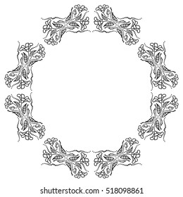 Round black and white frame with decorative flowers. Copy space. Vector clip art.