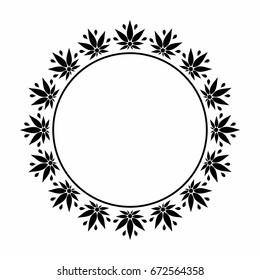 A round black and white frame depicting a stylized silhouette of cannabis leaves.