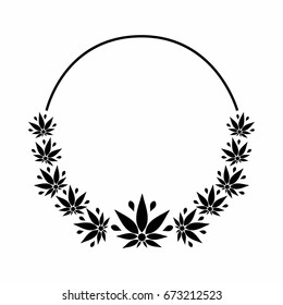 A round black and white frame depicting a stylized silhouette of cannabis leaves.