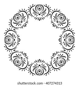 Round black and white frame with elements of Russian decorative painting.