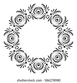 Round black and white frame with elements of Russian decorative painting.
