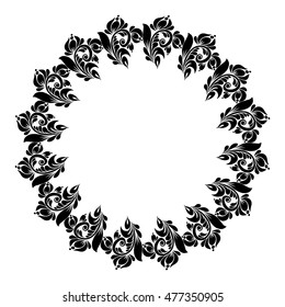round black white frame with flowers for design,  beautiful floral ornament around the circle, 