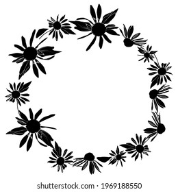 Runder schwarz-weißer Rahmen aus einfachen Blumen von Echinacea, Kamille