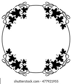 Round black and white frame with maple leaves silhouettes. Vector clip art.