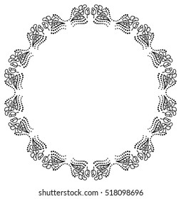 Round black and white frame outline decorative flowers. Copy space. Vector clip art.