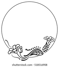 Round black and white frame outline decorative flowers. Copy space. Vector clip art.