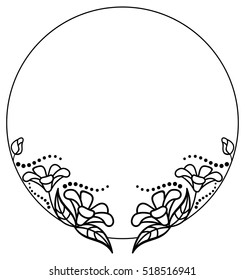 Round black and white frame outline decorative flowers. Copy space. Vector clip art.