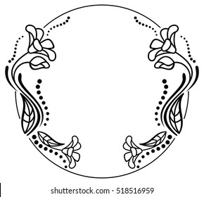 Round black and white frame outline decorative flowers. Copy space. Vector clip art.