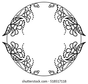 Round black and white frame outline decorative flowers. Copy space. Vector clip art.
