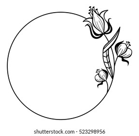 Round black and white frame outline decorative flowers. Copy space. Vector clip art.