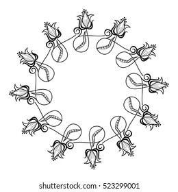 Round black and white frame outline decorative flowers. Copy space. Vector clip art.