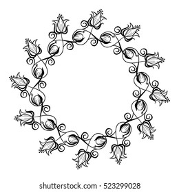 Round black and white frame outline decorative flowers. Copy space. Vector clip art.
