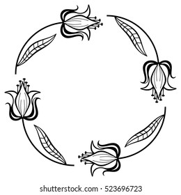 Round black and white frame with outline decorative flowers. Copy space. Vector clip art.