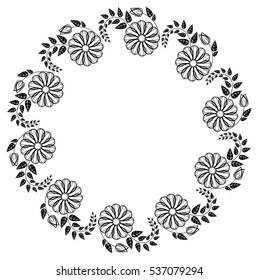Round black and white frame outline decorative flowers. Copy space. Vector clip art.